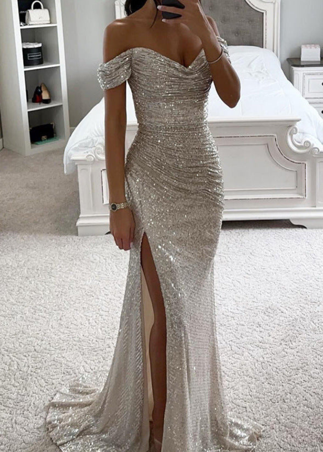 Sterre | Dames Off Shoulder Pailletten Bruiloftsgast Maxi Jurk met Zijsplit