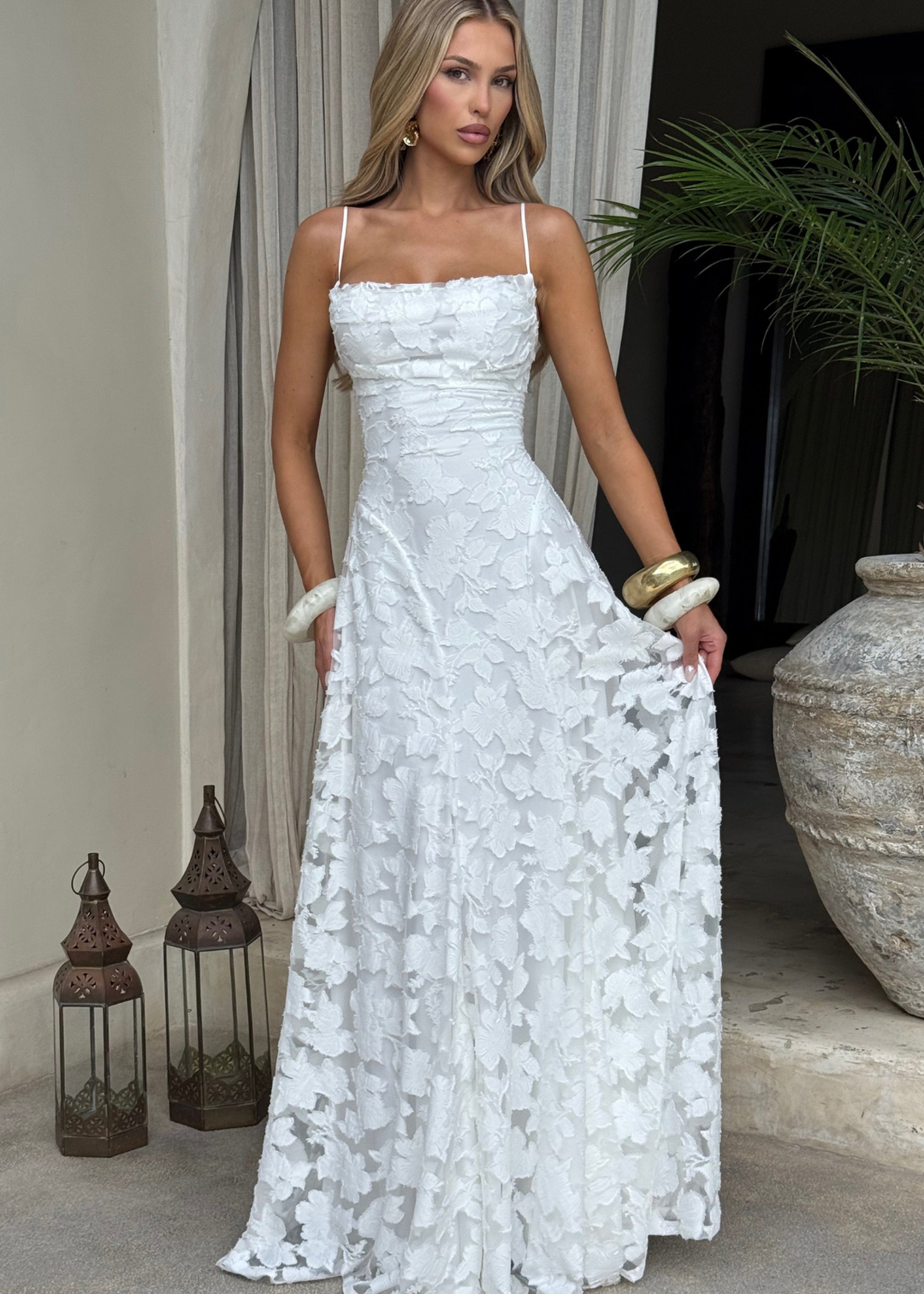 Floor | Dames Waterval Hals Bloemen Kant Bruiloftsgast Maxi Jurk