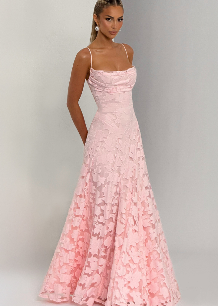 Floor | Dames Waterval Hals Bloemen Kant Bruiloftsgast Maxi Jurk