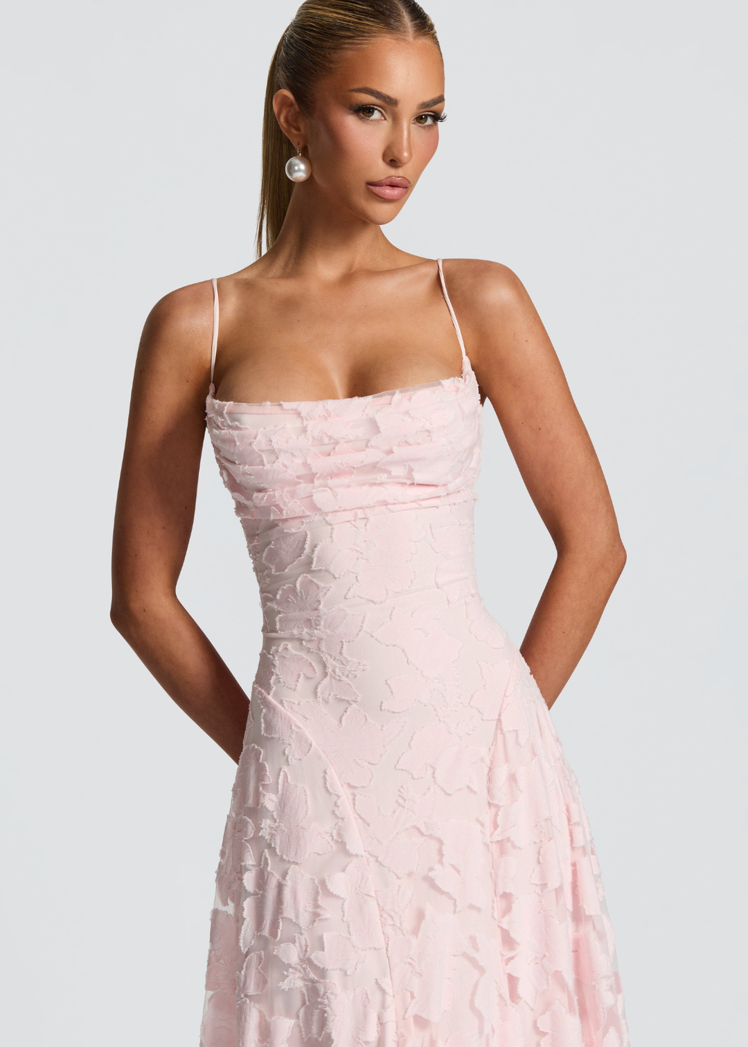Floor | Dames Waterval Hals Bloemen Kant Bruiloftsgast Maxi Jurk