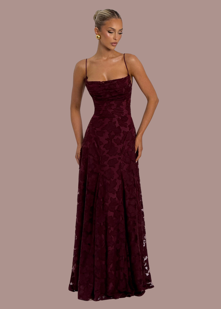 Floor | Dames Waterval Hals Bloemen Kant Bruiloftsgast Maxi Jurk