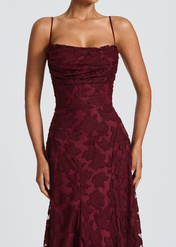 Floor | Dames Waterval Hals Bloemen Kant Bruiloftsgast Maxi Jurk