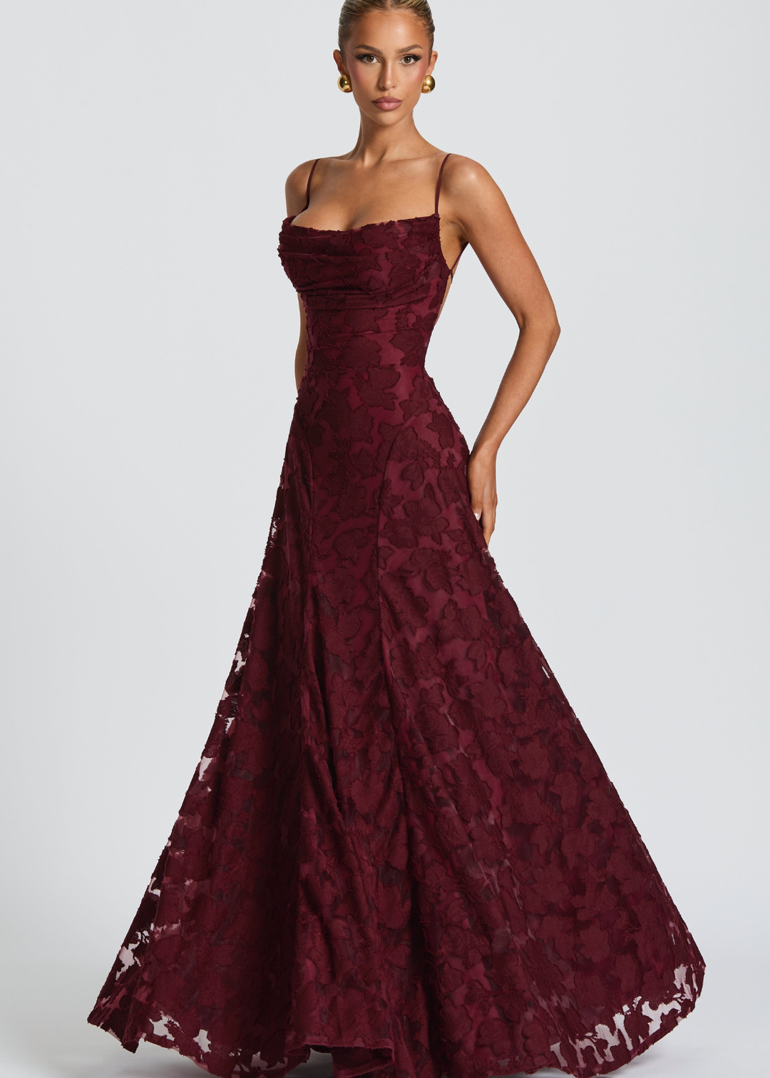 Floor | Dames Waterval Hals Bloemen Kant Bruiloftsgast Maxi Jurk