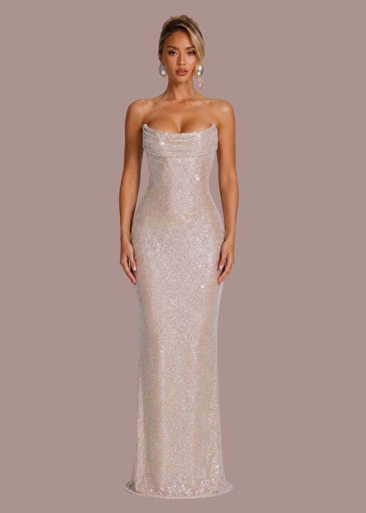 Britt | Dames Strapless Versierde Bruiloftsgast Maxi Jurk