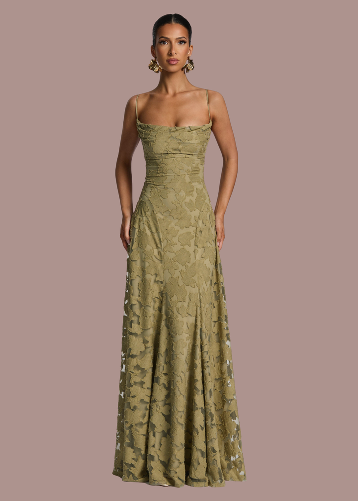 Floor | Dames Waterval Hals Bloemen Kant Bruiloftsgast Maxi Jurk