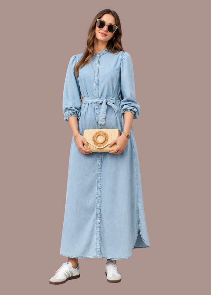 Maaike | Dames Denim Doorknoop Lange Mouw Maxi Jurk met Ceintuur