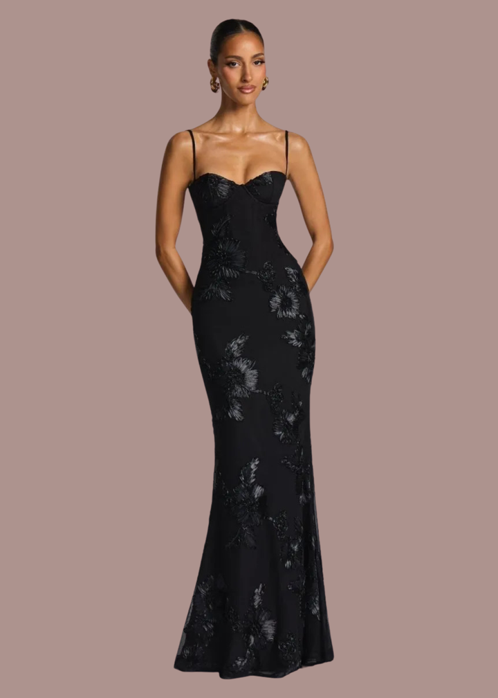 Bregje | Dames Korset Bloemen Geborduurde Bruiloftsgast Maxi Jurk