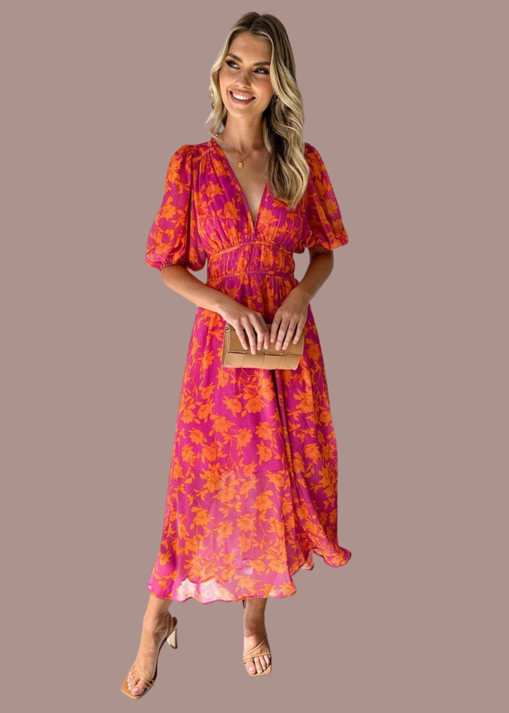 Femke | Dames Roze Bloemenprint Pofmouw V Hals Bruiloftsgast Midi Jurk