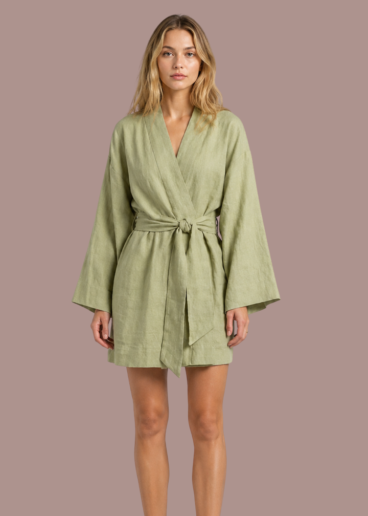 Eva | Dames Linnen Kimono Overslag Midi Jurk met Strikceintuur