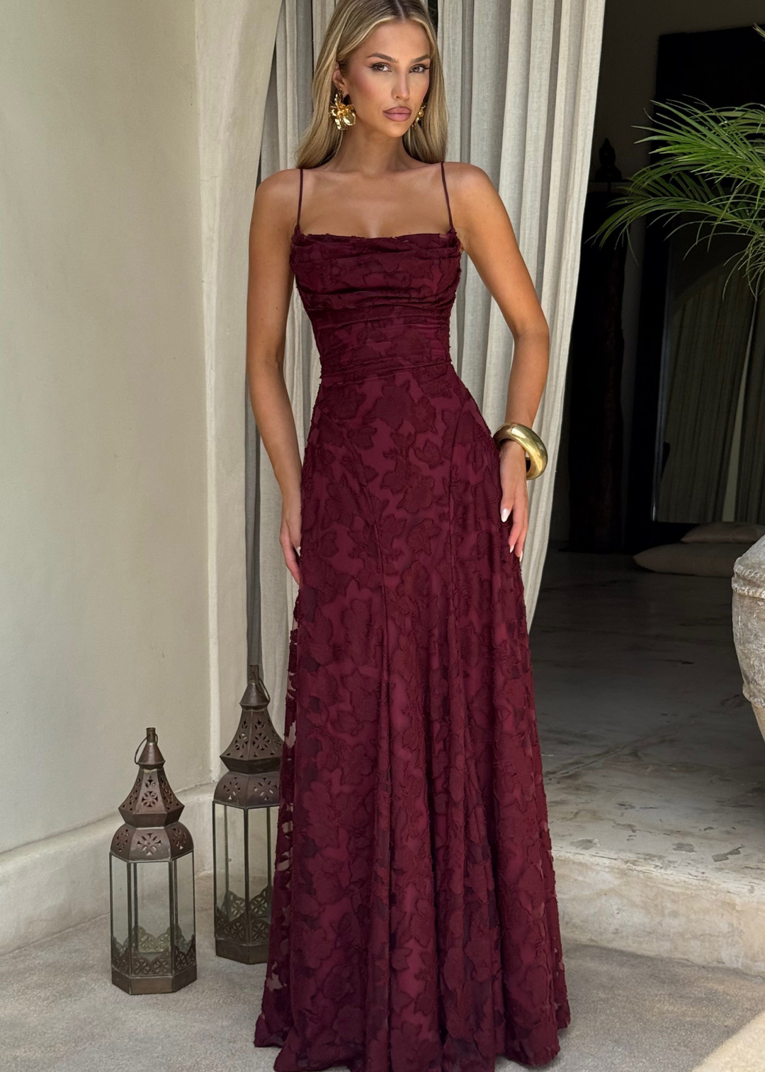 Floor | Dames Waterval Hals Bloemen Kant Bruiloftsgast Maxi Jurk