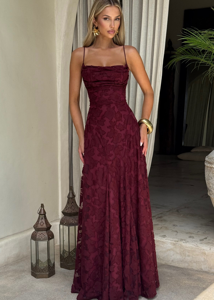 Floor | Dames Waterval Hals Bloemen Kant Bruiloftsgast Maxi Jurk