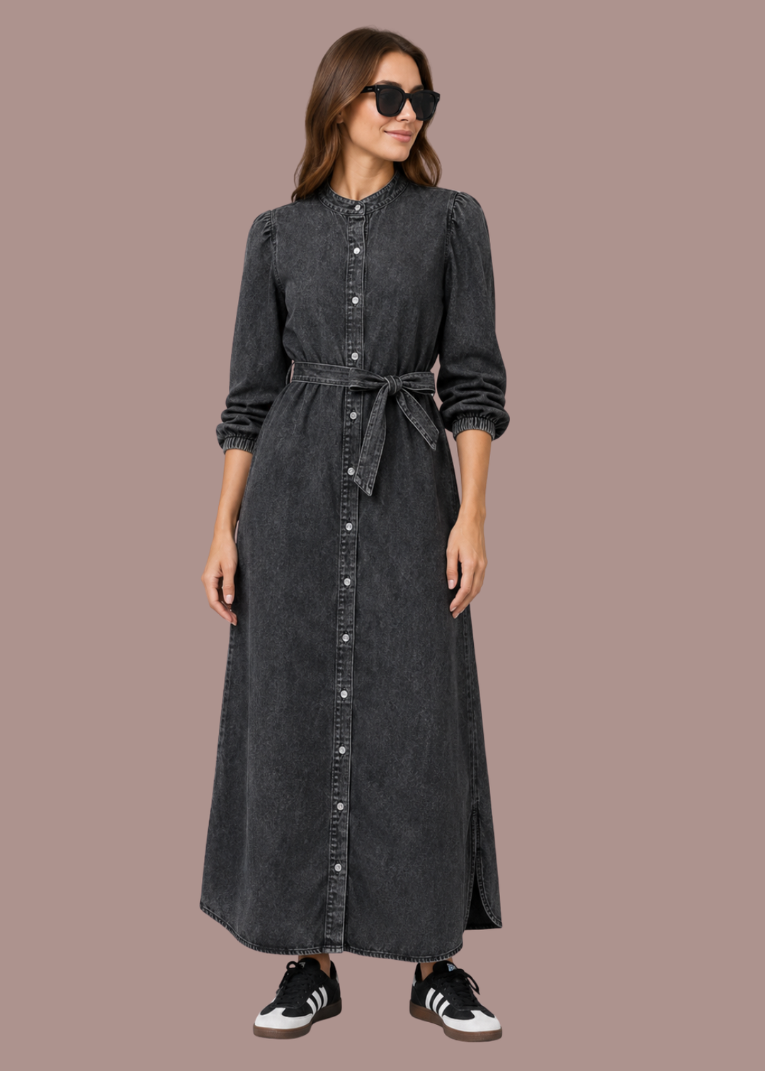 Maaike | Dames Denim Doorknoop Lange Mouw Maxi Jurk met Ceintuur