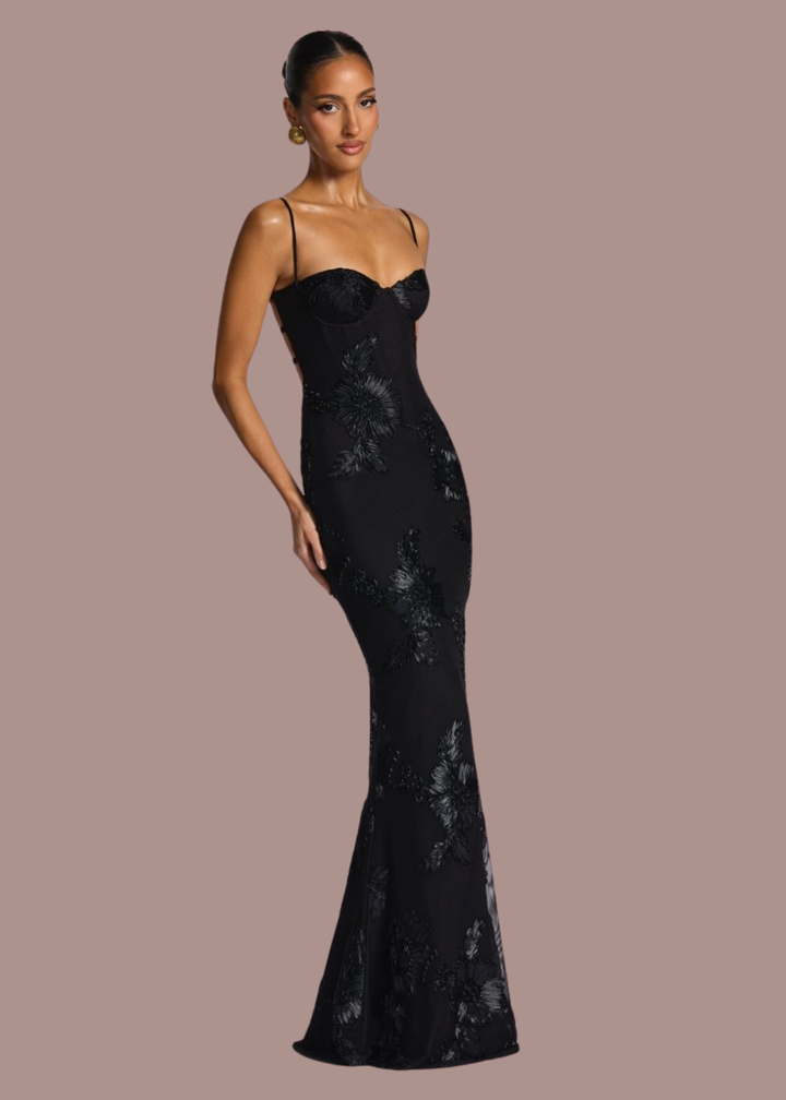 Bregje | Dames Korset Bloemen Geborduurde Bruiloftsgast Maxi Jurk