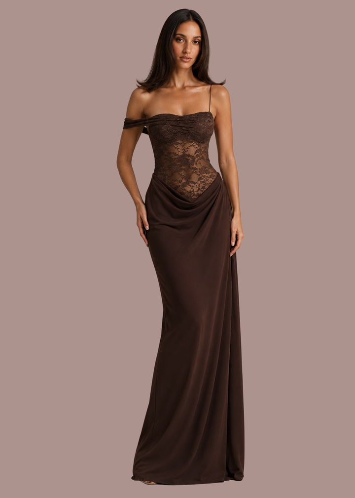Cosima | Dames Off Shoulder Kanten Korset Maxi Jurk voor Bruiloftsgasten