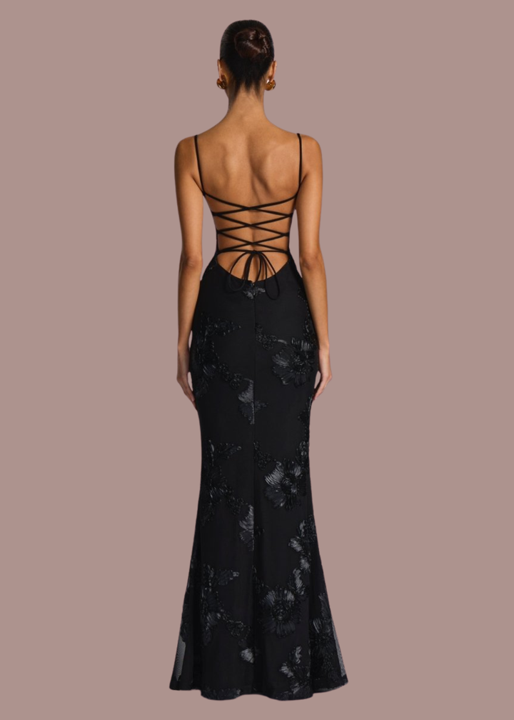 Bregje | Dames Korset Bloemen Geborduurde Bruiloftsgast Maxi Jurk