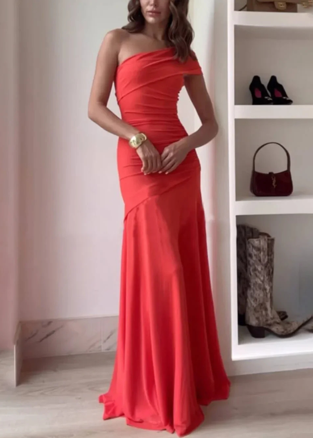 Pleun | Dames One Shoulder Gedrapeerde Bruiloftsgast Maxi Jurk
