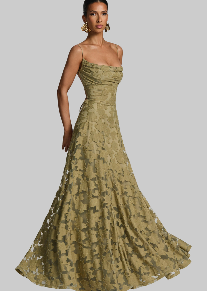 Floor | Dames Waterval Hals Bloemen Kant Bruiloftsgast Maxi Jurk