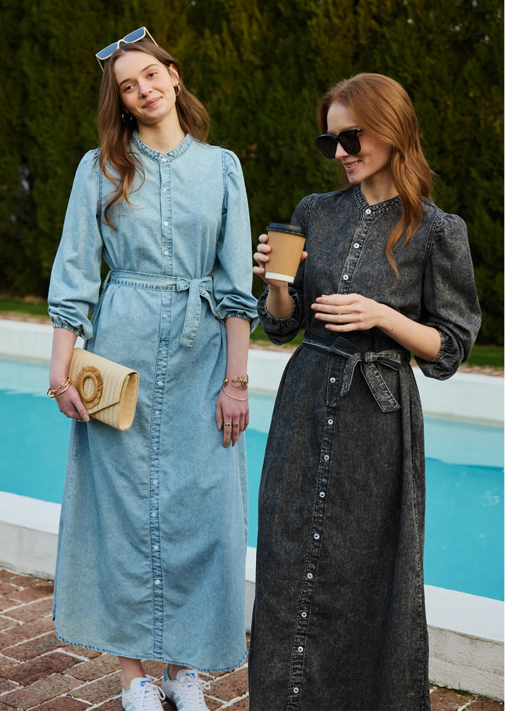 Maaike | Dames Denim Doorknoop Lange Mouw Maxi Jurk met Ceintuur