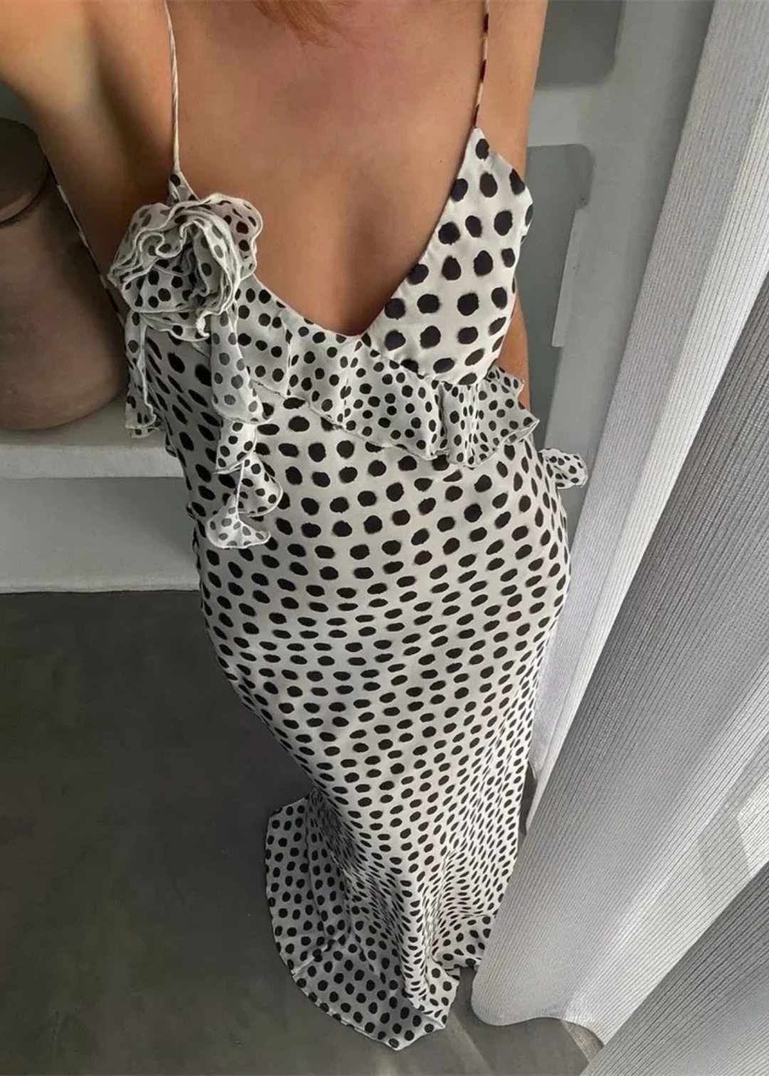 Lotte | Dames Polkadot Maxi Jurk met Ruches en Spaghettibandjes