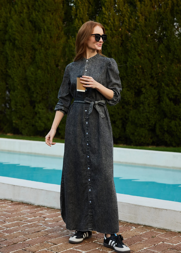 Maaike | Dames Denim Doorknoop Lange Mouw Maxi Jurk met Ceintuur