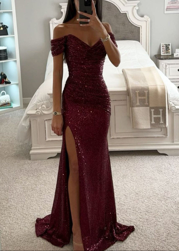 Sterre | Dames Off Shoulder Pailletten Bruiloftsgast Maxi Jurk met Zijsplit