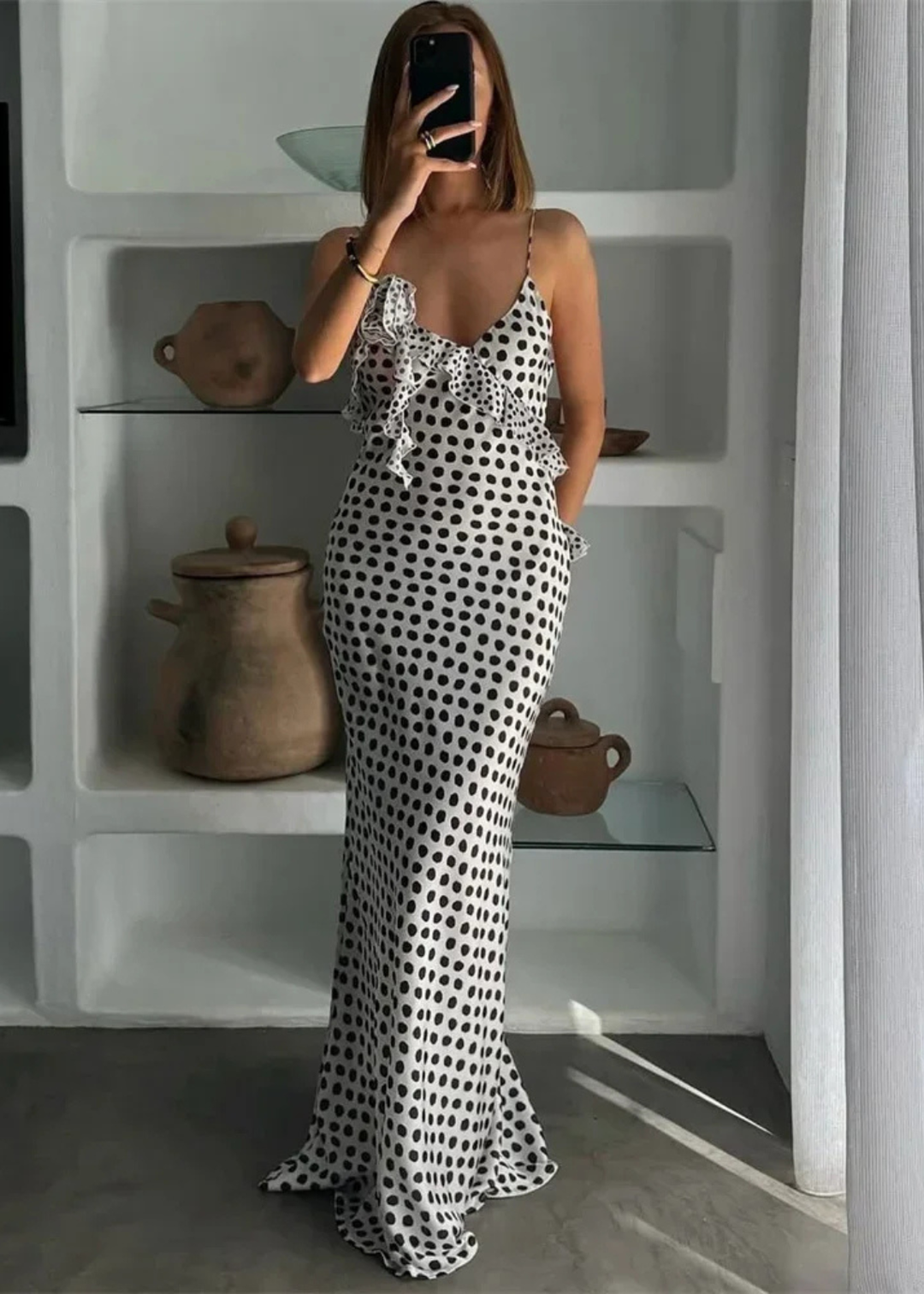 Lotte | Dames Polkadot Maxi Jurk met Ruches en Spaghettibandjes