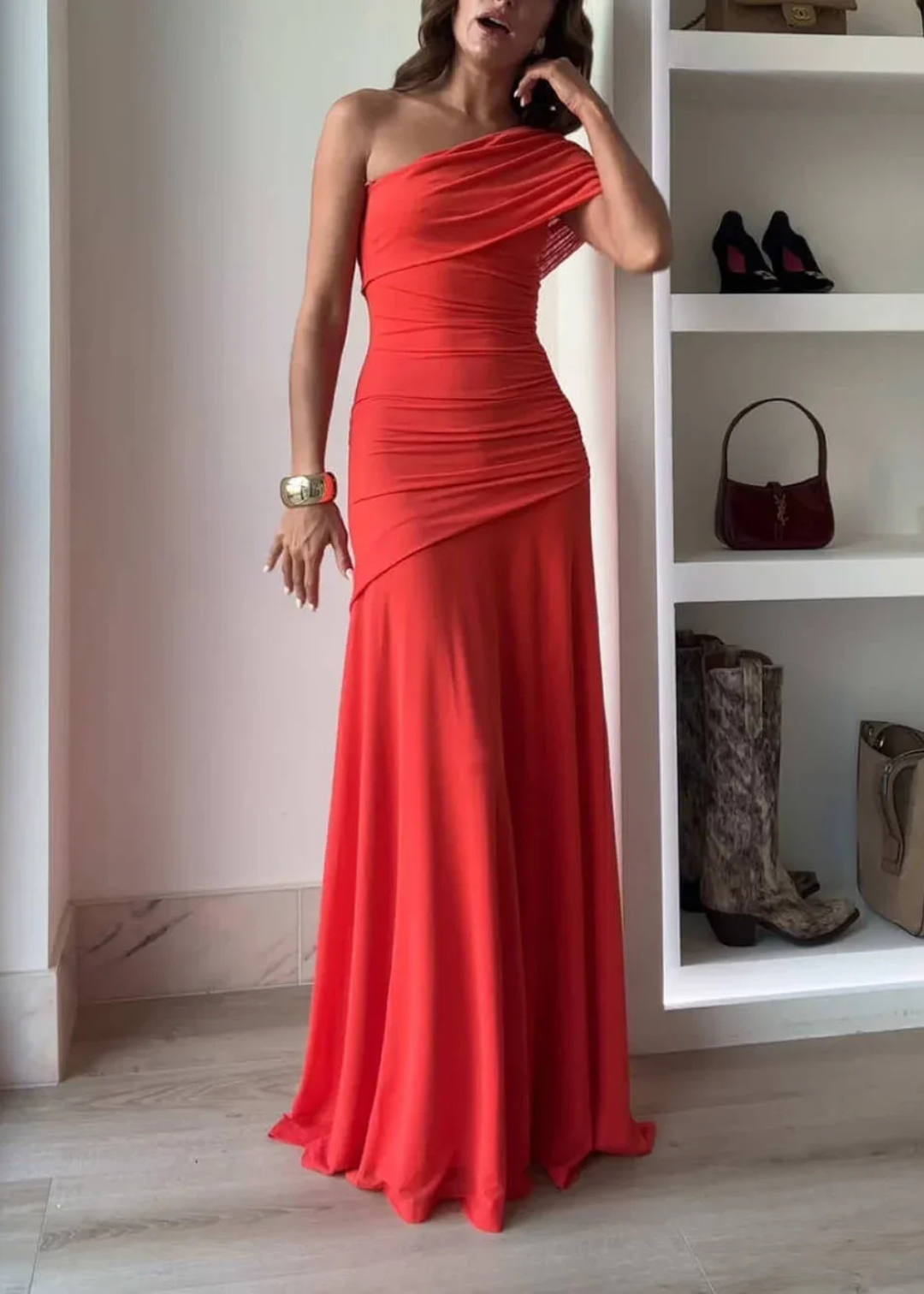 Pleun | Dames One Shoulder Gedrapeerde Bruiloftsgast Maxi Jurk