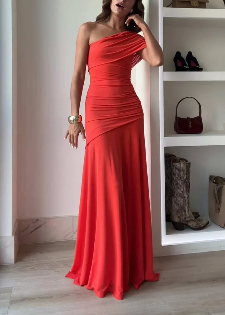Pleun | Dames One Shoulder Gedrapeerde Bruiloftsgast Maxi Jurk