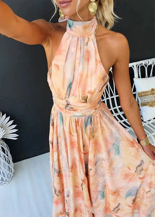 Sofie | Dames Bloemen Halter Geknoopte Taille Maxi Jurk