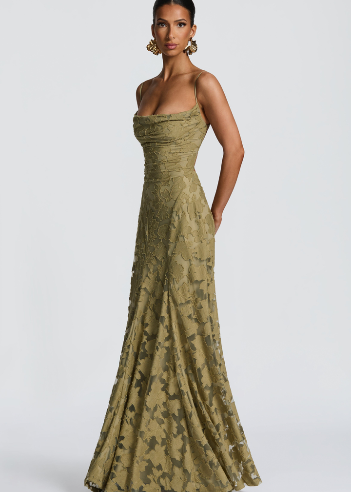 Floor | Dames Waterval Hals Bloemen Kant Bruiloftsgast Maxi Jurk
