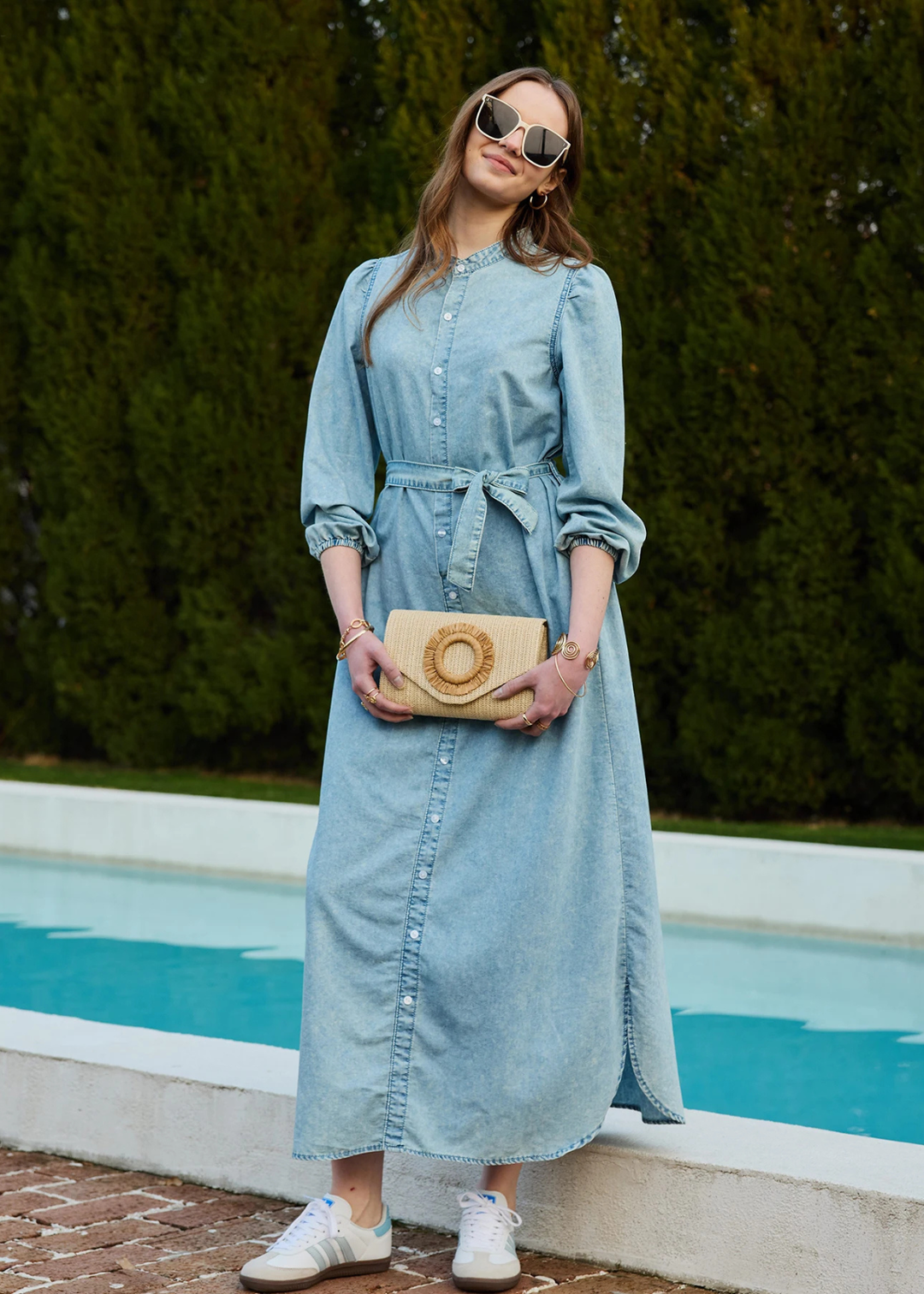 Maaike | Dames Denim Doorknoop Lange Mouw Maxi Jurk met Ceintuur