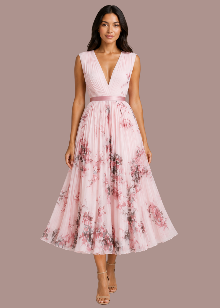 Esmee | Dames V Hals Bloemenprint Geplooide Bruiloftsgast Petite Midi Jur