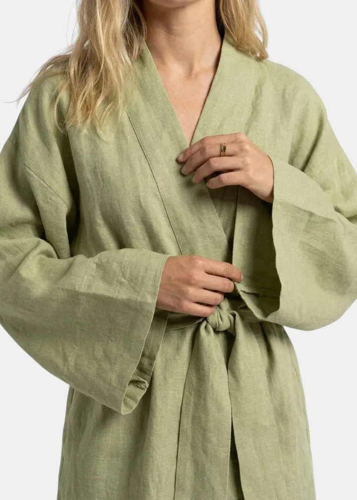 Eva | Dames Linnen Kimono Overslag Midi Jurk met Strikceintuur