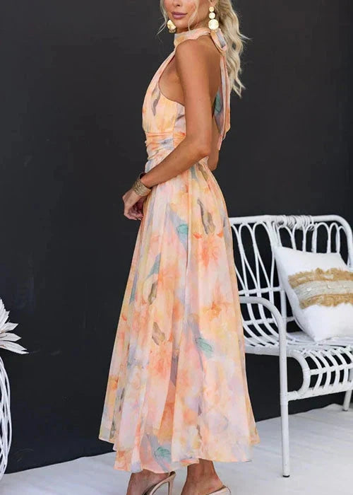 Sofie | Dames Bloemen Halter Geknoopte Taille Maxi Jurk