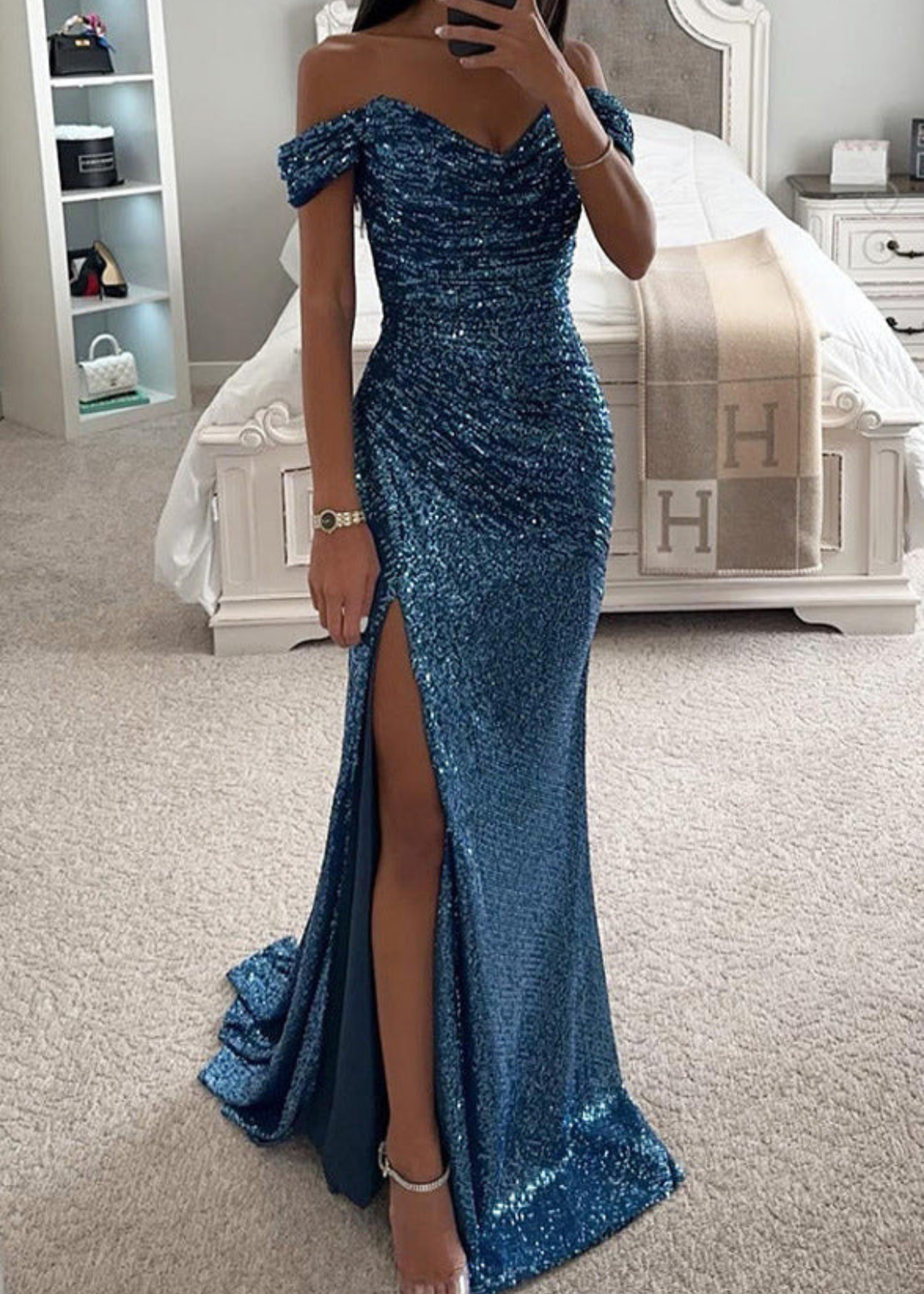 Sterre | Dames Off Shoulder Pailletten Bruiloftsgast Maxi Jurk met Zijsplit
