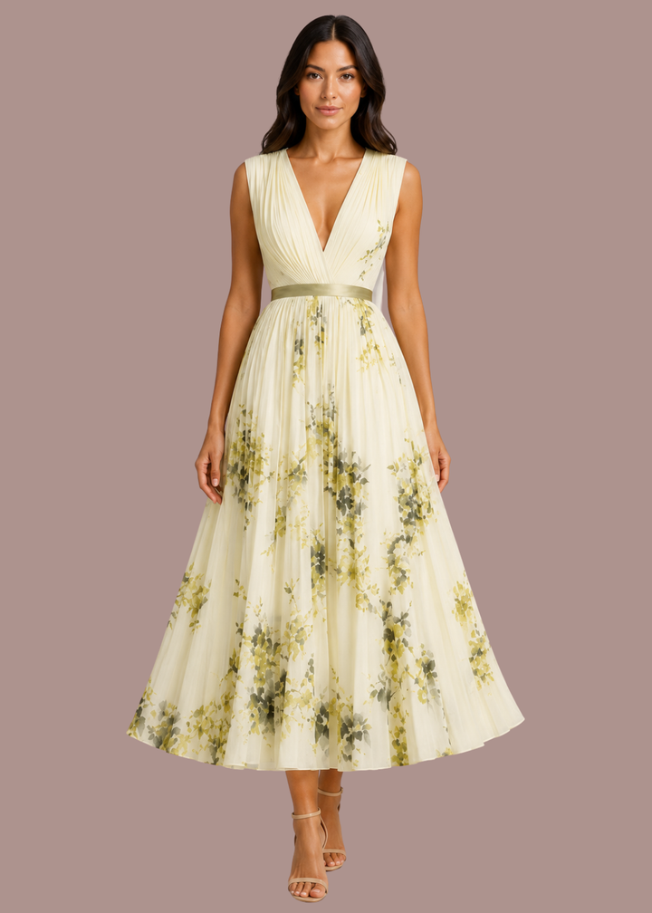 Esmee | Dames V Hals Bloemenprint Geplooide Bruiloftsgast Petite Midi Jur