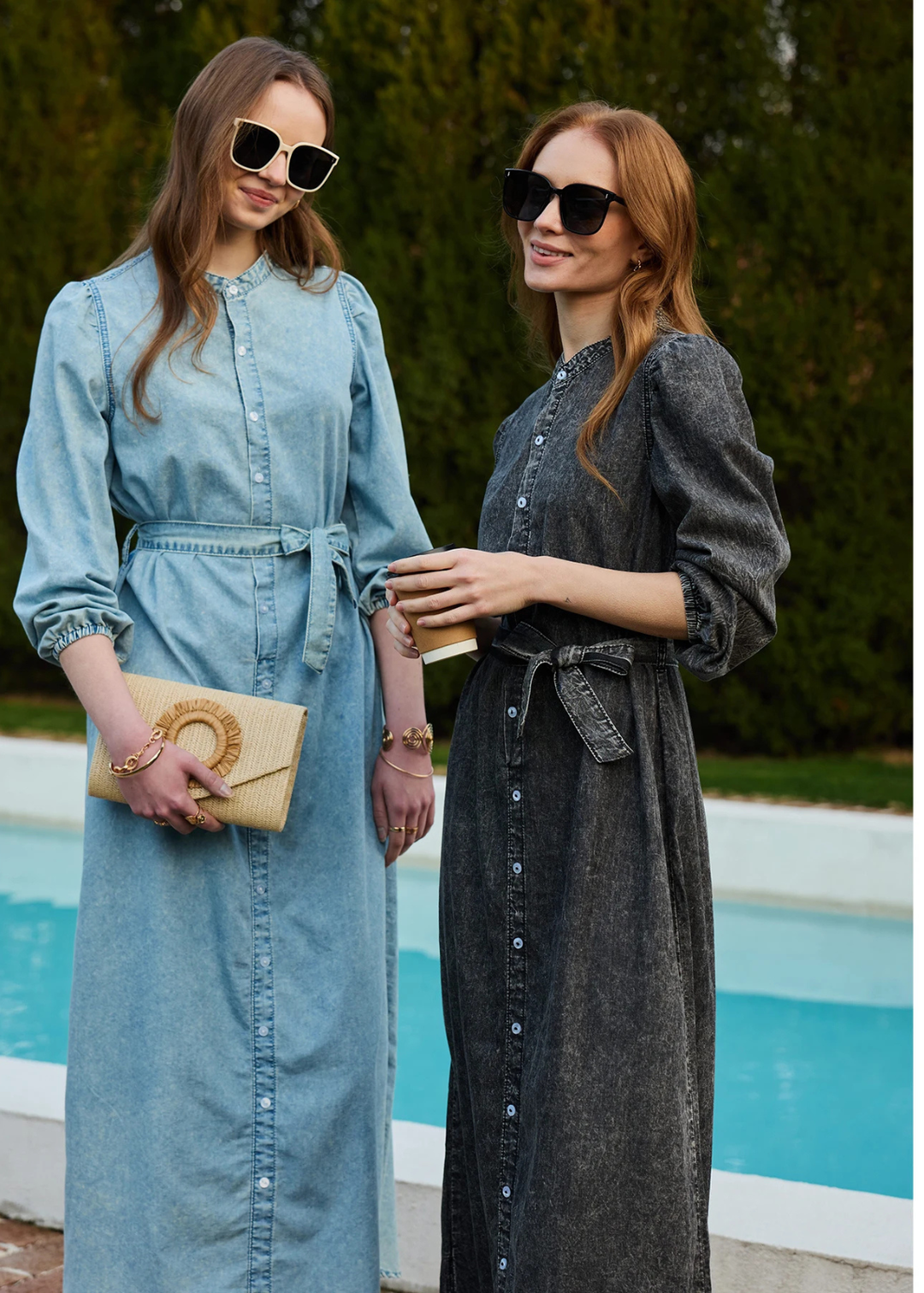 Maaike | Dames Denim Doorknoop Lange Mouw Maxi Jurk met Ceintuur