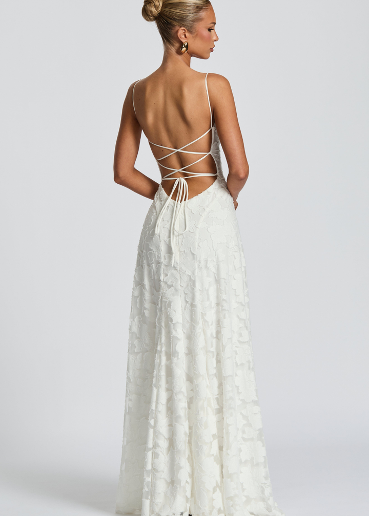 Floor | Dames Waterval Hals Bloemen Kant Bruiloftsgast Maxi Jurk