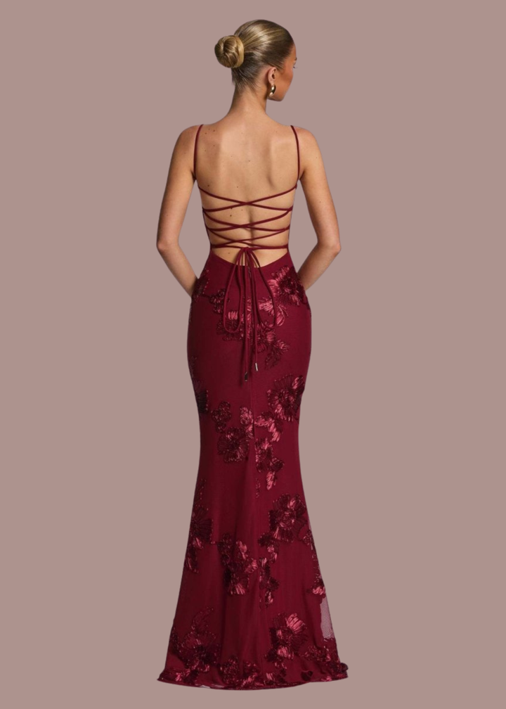 Bregje | Dames Korset Bloemen Geborduurde Bruiloftsgast Maxi Jurk
