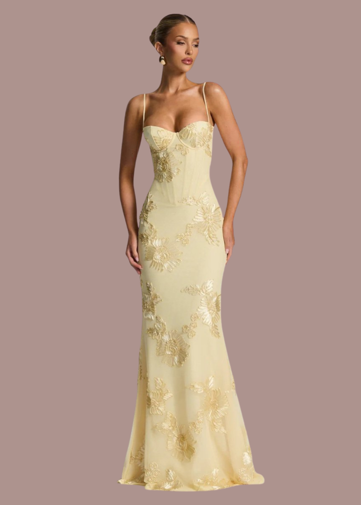 Bregje | Dames Korset Bloemen Geborduurde Bruiloftsgast Maxi Jurk
