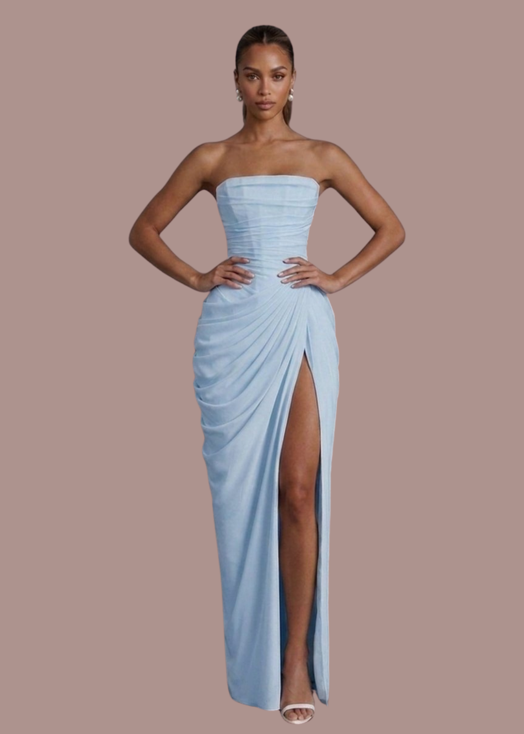Saskia | Dames Strapless Gedrapeerde Bruiloftsgast Maxi Jurk met Split