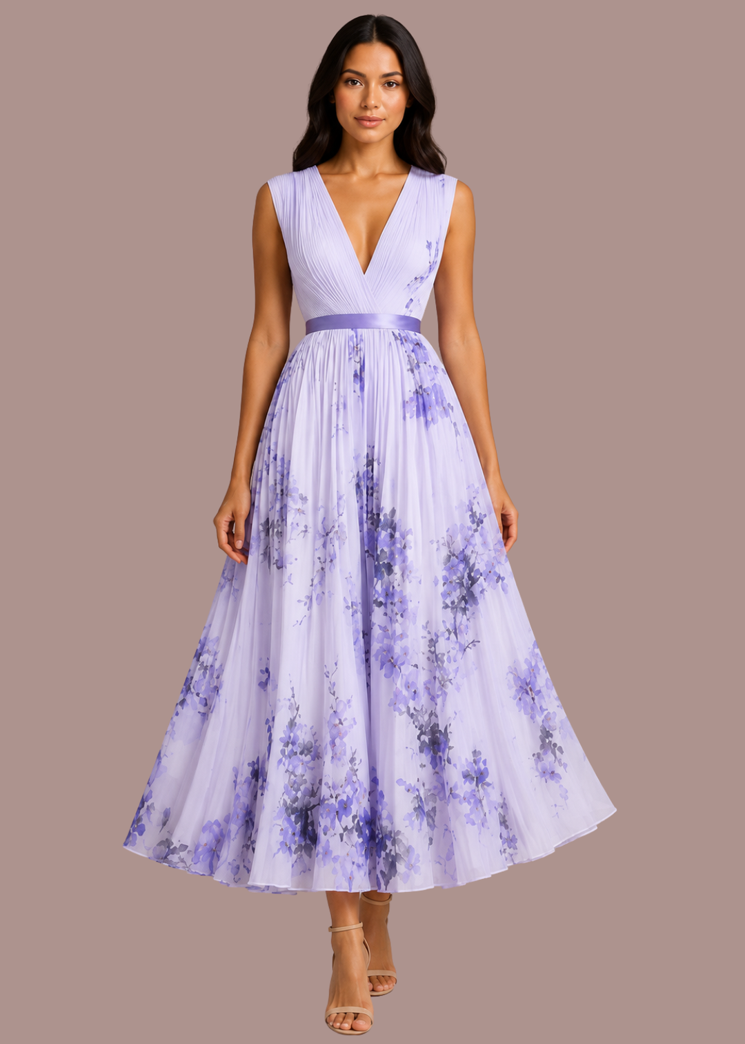 Esmee | Dames V Hals Bloemenprint Geplooide Bruiloftsgast Petite Midi Jur