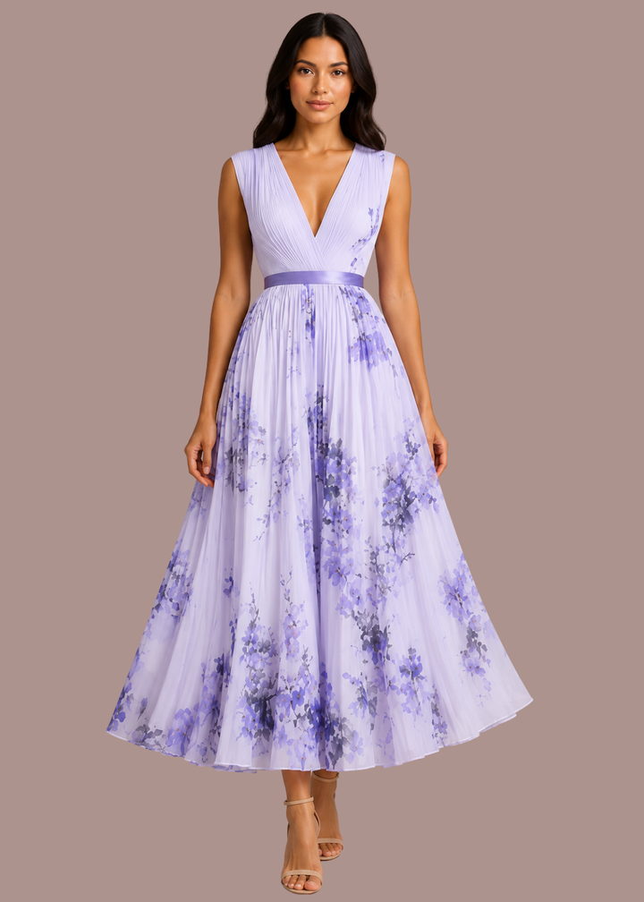 Esmee | Dames V Hals Bloemenprint Geplooide Bruiloftsgast Petite Midi Jur