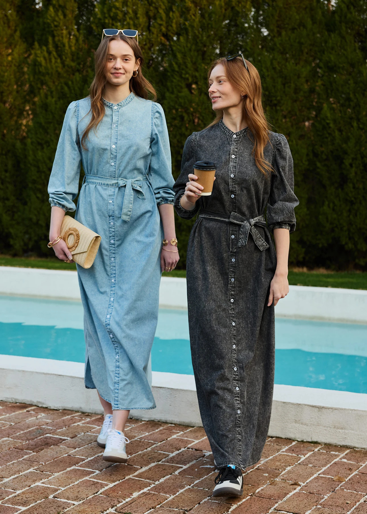 Maaike | Dames Denim Doorknoop Lange Mouw Maxi Jurk met Ceintuur