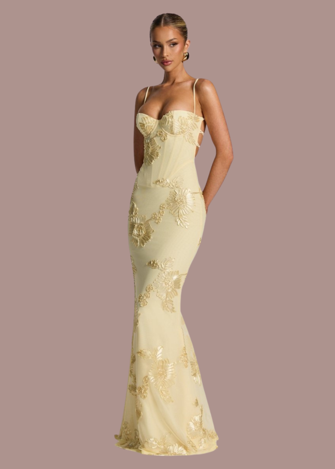 Bregje | Dames Korset Bloemen Geborduurde Bruiloftsgast Maxi Jurk