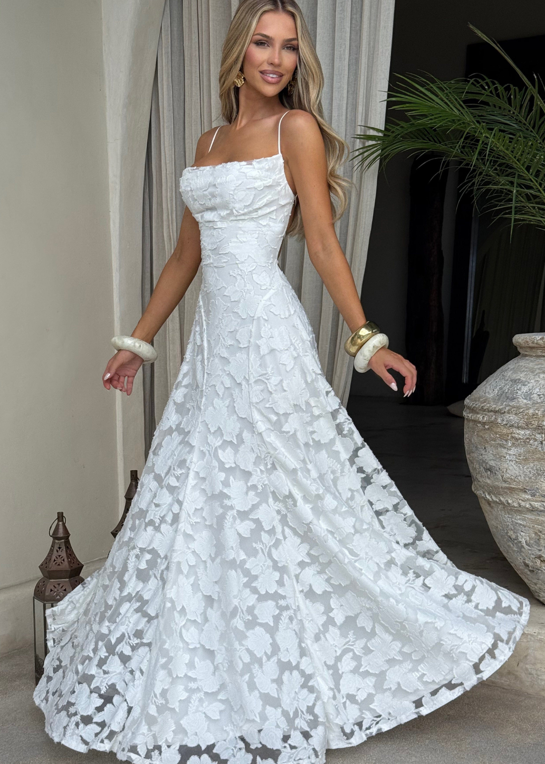Floor | Dames Waterval Hals Bloemen Kant Bruiloftsgast Maxi Jurk