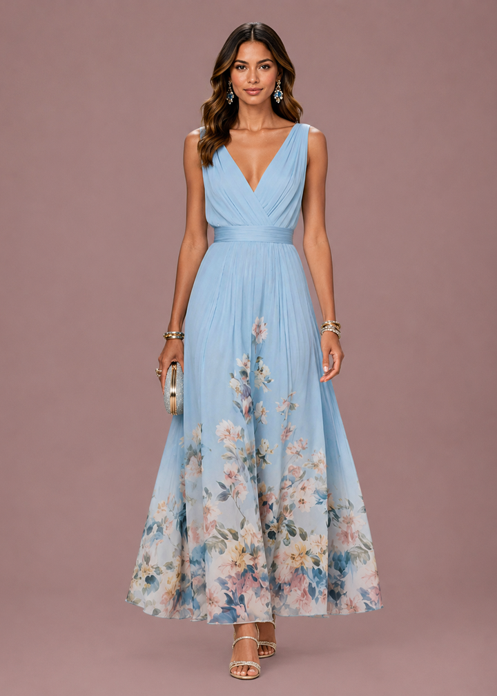 Vivienne | Dames V Hals Mouwloze Bloemen Bruiloft Gast Maxi Jurk