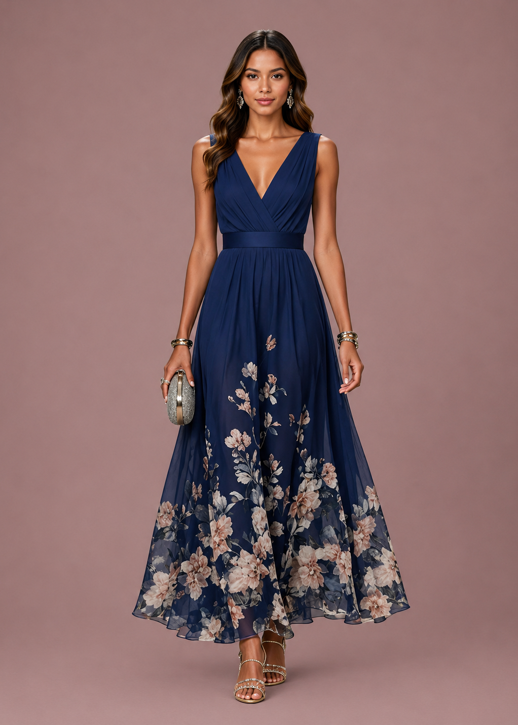 Vivienne | Dames V Hals Mouwloze Bloemen Bruiloft Gast Maxi Jurk