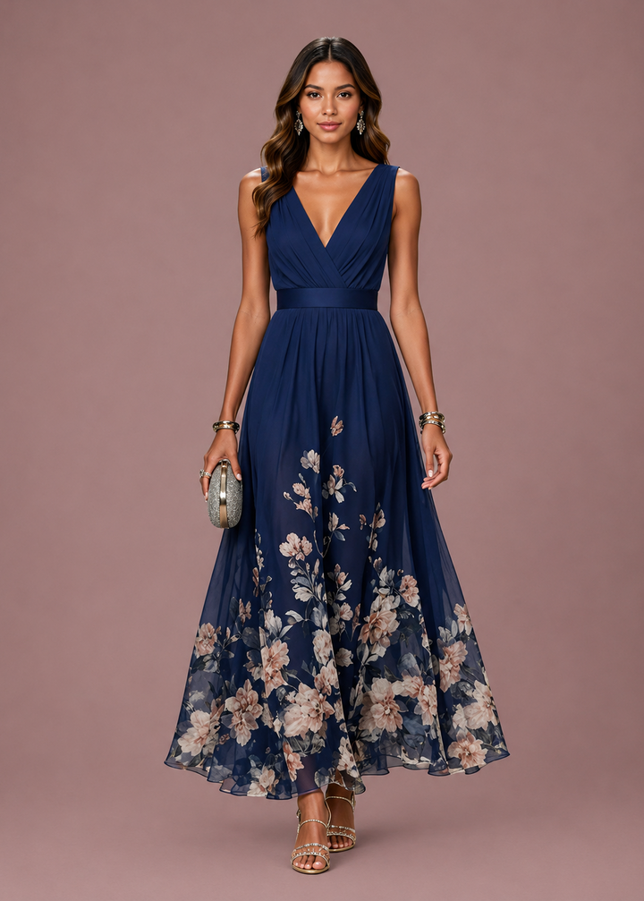 Vivienne | Dames V Hals Mouwloze Bloemen Bruiloft Gast Maxi Jurk