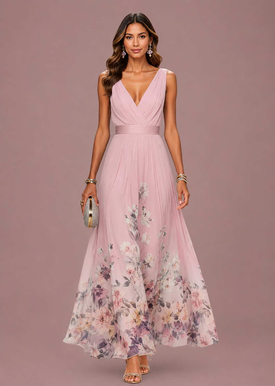 Vivienne | Dames V Hals Mouwloze Bloemen Bruiloft Gast Maxi Jurk